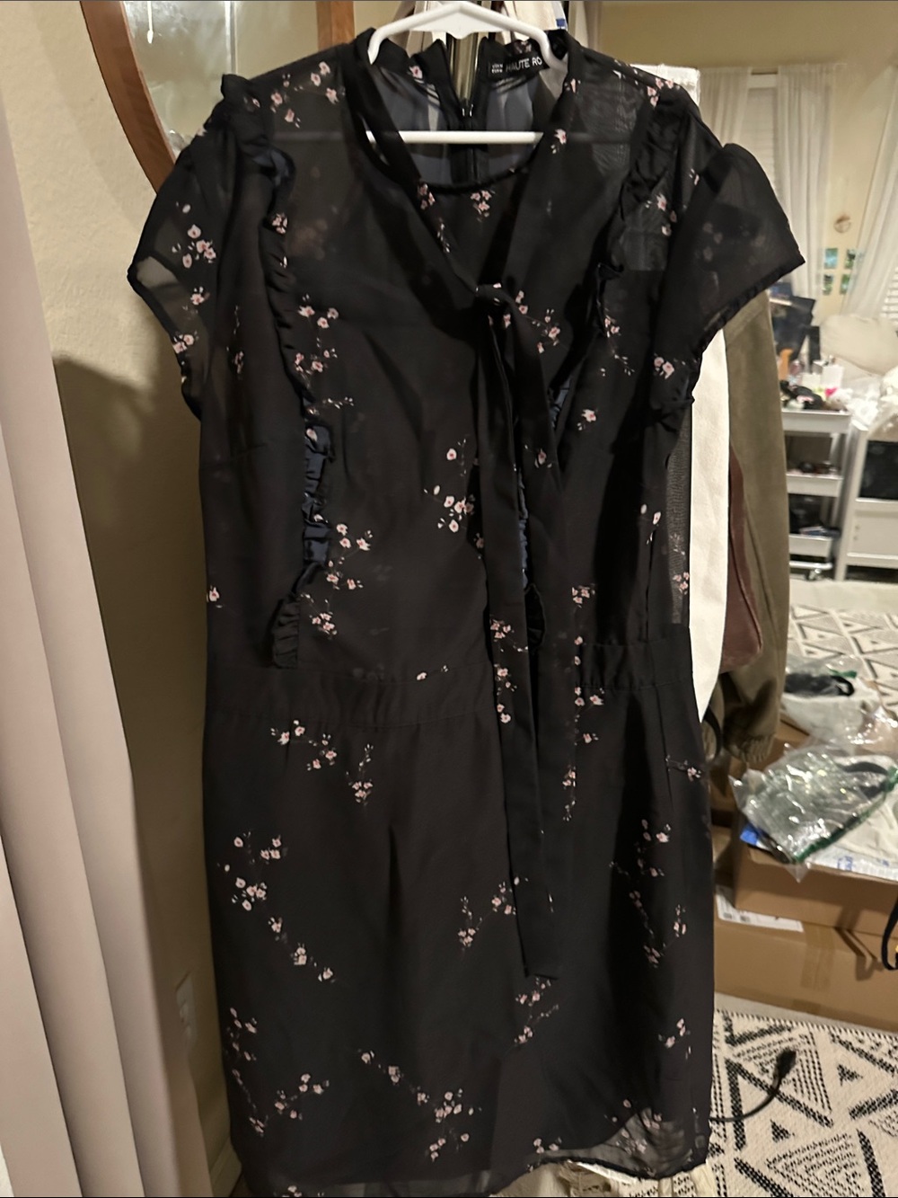Super pretty higher end Black Floral Tie-Detail Mini Dress